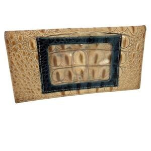 Womens Croc Leather Tan Beige & Navy Checkbook ID Holder Bag Organizer Folding
